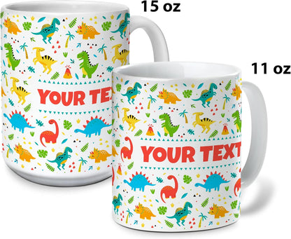 Personalized Mug for Kids - Dinosaurs - Custom Name/Text, Ceramic Hot Chocolate/Cocoa/Coffee Cup for Boys/Girls, Birthday/Christmas/Holiday Gift - 15 oz, Red Handle