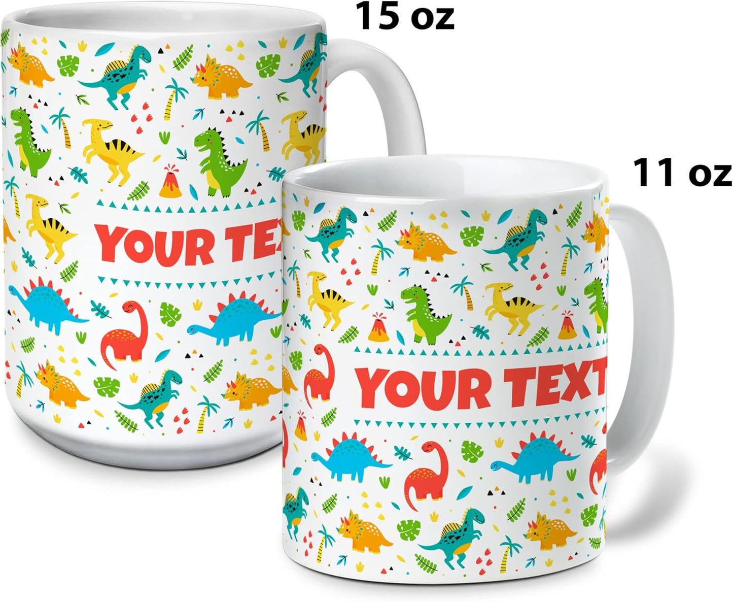 Personalized Mug for Kids - Dinosaurs - Custom Name/Text, Ceramic Hot Chocolate/Cocoa/Coffee Cup for Boys/Girls, Birthday/Christmas/Holiday Gift - 15 oz, Pink Handle