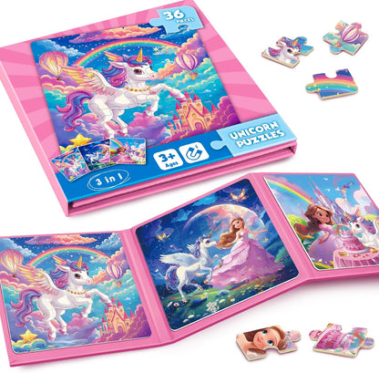 Magnetic Jigsaw Puzzles for Toddlers Kids 3-8 Girls,(3 36-Pieces) Travel Puzzles Toys for Kids Ages 4-6,Take-Along Car Airplane Road Trip Activities Game for 3 4 5 6 7 8 Year Old Birthday Gift