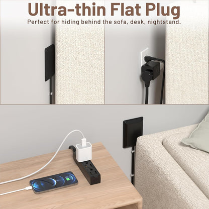 8FT Flat Plug Extension Cord with Cord Concealer Kit,3 Outlet Power Strip,Wall Extension Cord with Flat Plug for Baby Protection,Universal Size for Home,Bathroom with ETL Listed,Black
