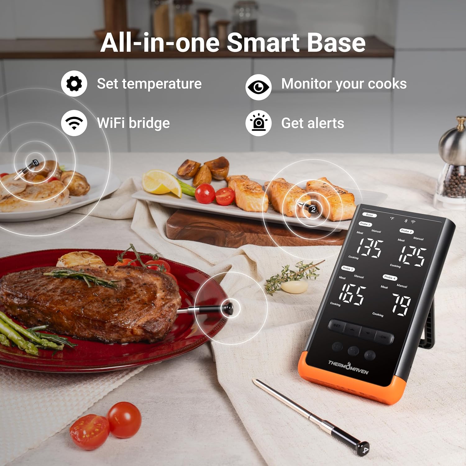Wireless Bluetooth Smart Meat Thermometer: Standalone Base, WiFi Thermometer with Sub-1G, 6 Sensors