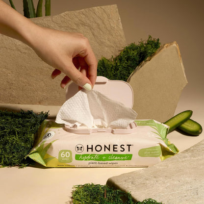 The Honest Company Hydrate + Cleanse Naturally Scented Wipes | Cleansing Multi-Tasking Wipes | 99% Water, Plant Based, Hypoallergenic | Aloe + Cucumber, 60 Count