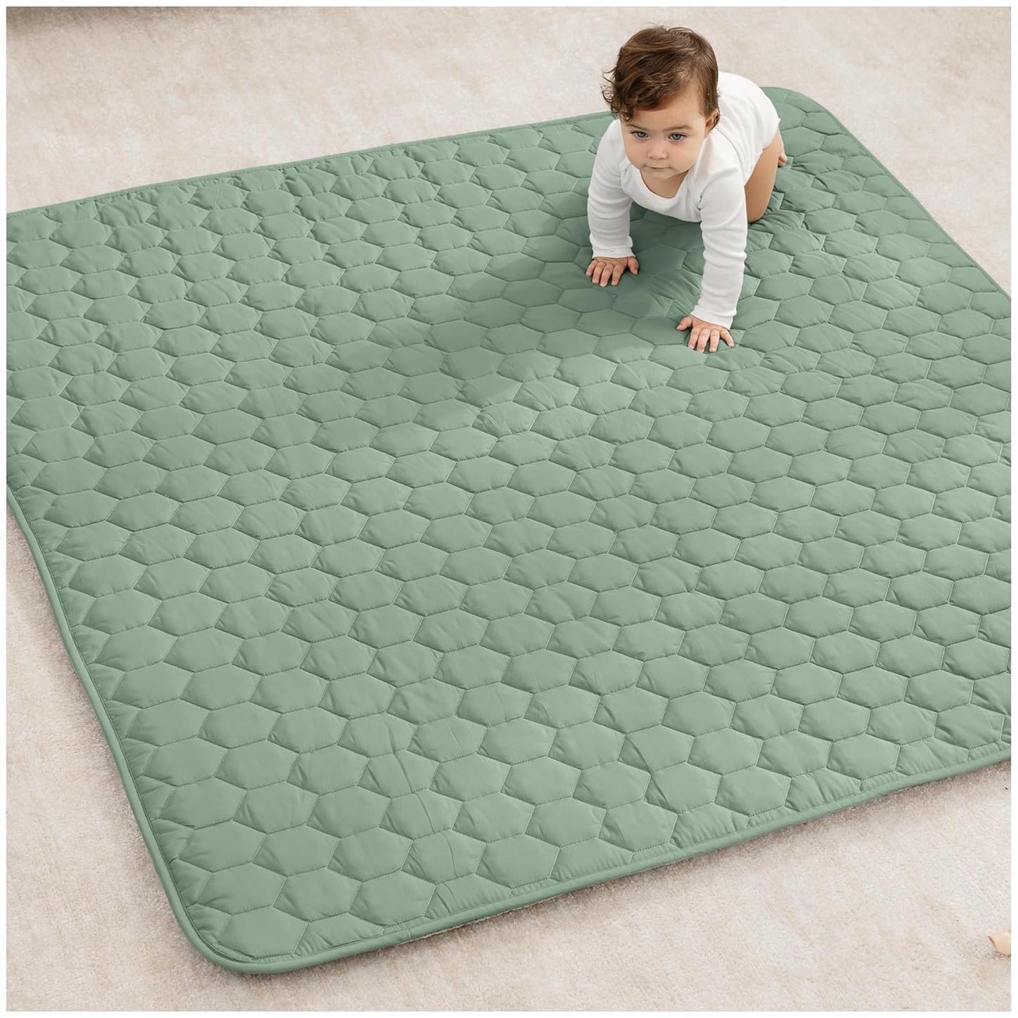 Comfy Cubs Square Kids Play Mat - 56 x 56 inches Soft Quilted Baby Floor Mat with Non-Slip Bottom - Plush Design for Toddlers' Playtime and Relaxation - Comfortable and Durable - Fern