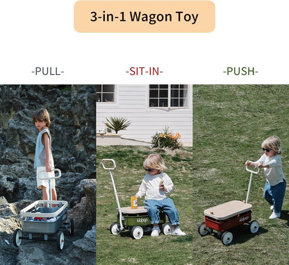 kidpop PULA-Wild 3-in-1 Kids' Pull-Along Wagon Toddlers Push Walker for 2.5-8, Removable Wooden Cover and Adjustable Handlebar, Birthday Gifts Max Weight 33 lbs (White)