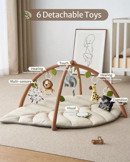 Blissful Diary Baby Play Gym & Activity Mat, Leaf Shaped Baby Tummy Time Play Mat with 6 Detachable Toys, Promotes Motor Skills & Sensory Development, Newborn Baby Essentials Gift, Oatmeal Beige