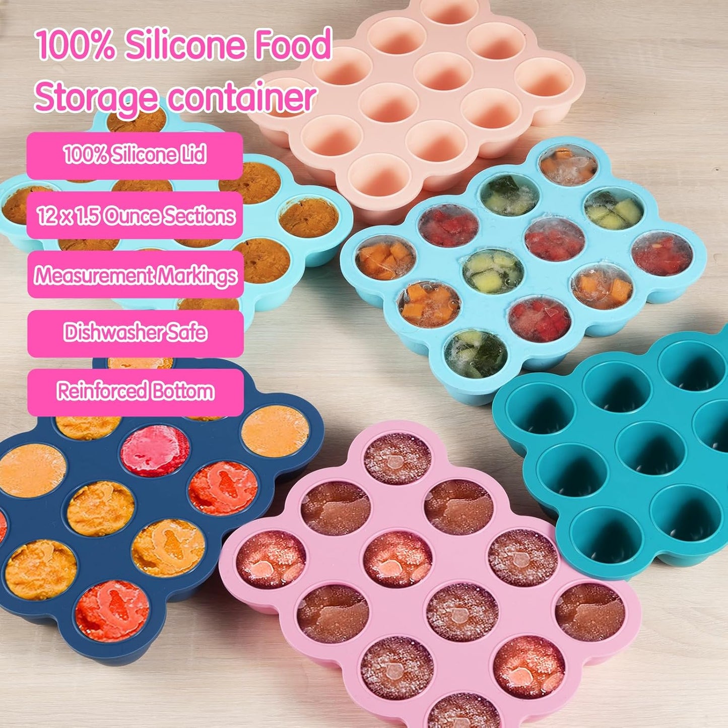 Baby Food Storage - 12 x 1.5 Ounce Silicone Freezer Tray with Lid, Perfect for Homemade Baby Food