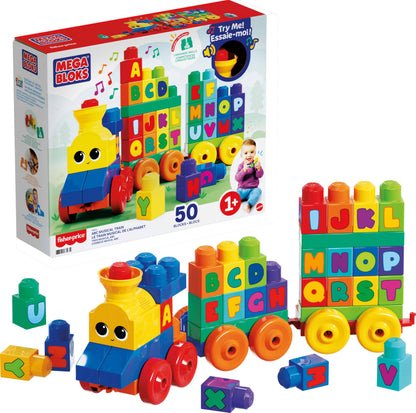 MEGA BLOKS First Builders Toddler Building Blocks Toy Set, ABC Musical Train with 50 Pieces, Music
