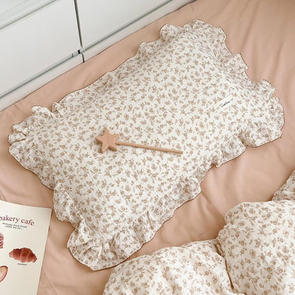 BuLuTu Camellia Floral Print Pillowcase King Muslin Cotton Pillow Case Chic Shabby Pillow Cover with Ruffles Enveloped Pillowcases, Machine Washable, 20x36 inch, 1 Piece