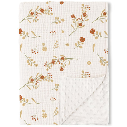 Konssy Baby Blankets for Unisex Boys Girls, Super Soft Nursery Minky Blankets with Muslin Cotton Front and Dotted Fleece Backing, Printed Bed Throws Newborn