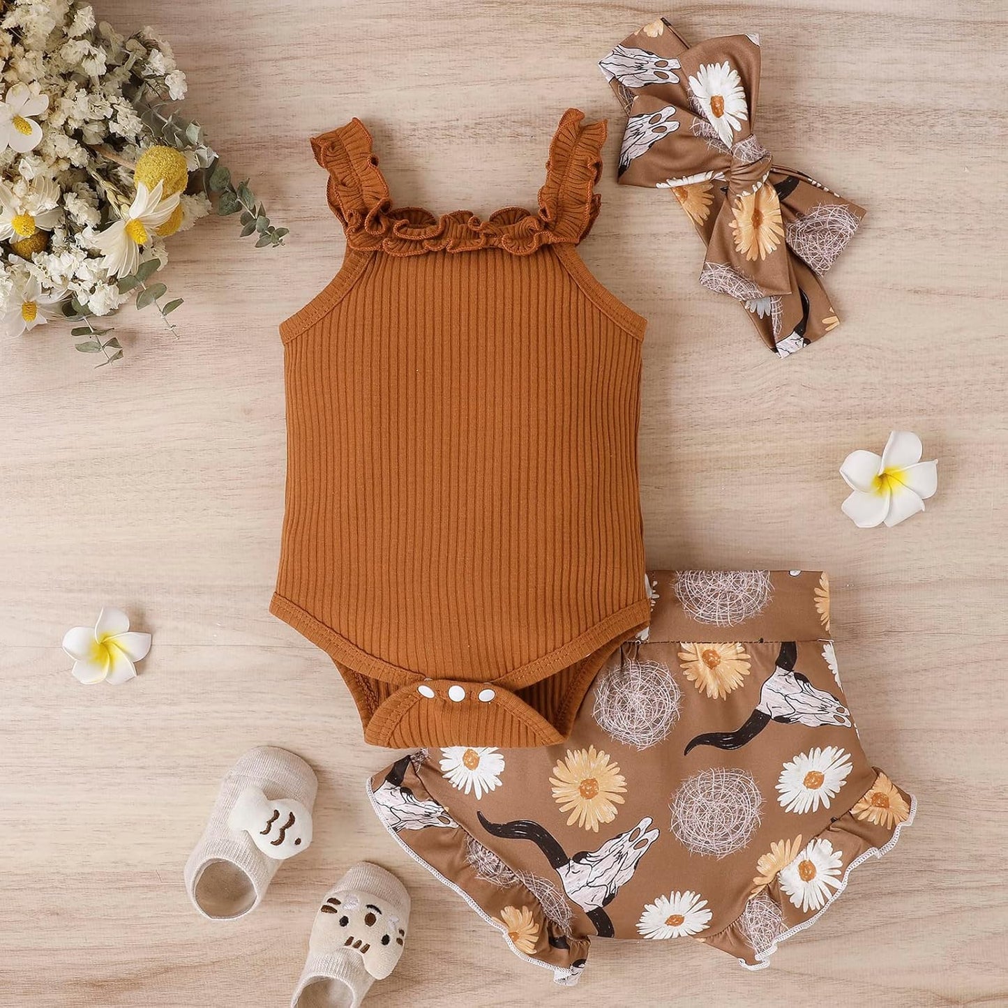 fhutpw Baby Girl Clothes Summer Cute Outfits 3 6 12 18 Months Spaghetti Strap Romper & Floarl Shorts Sets