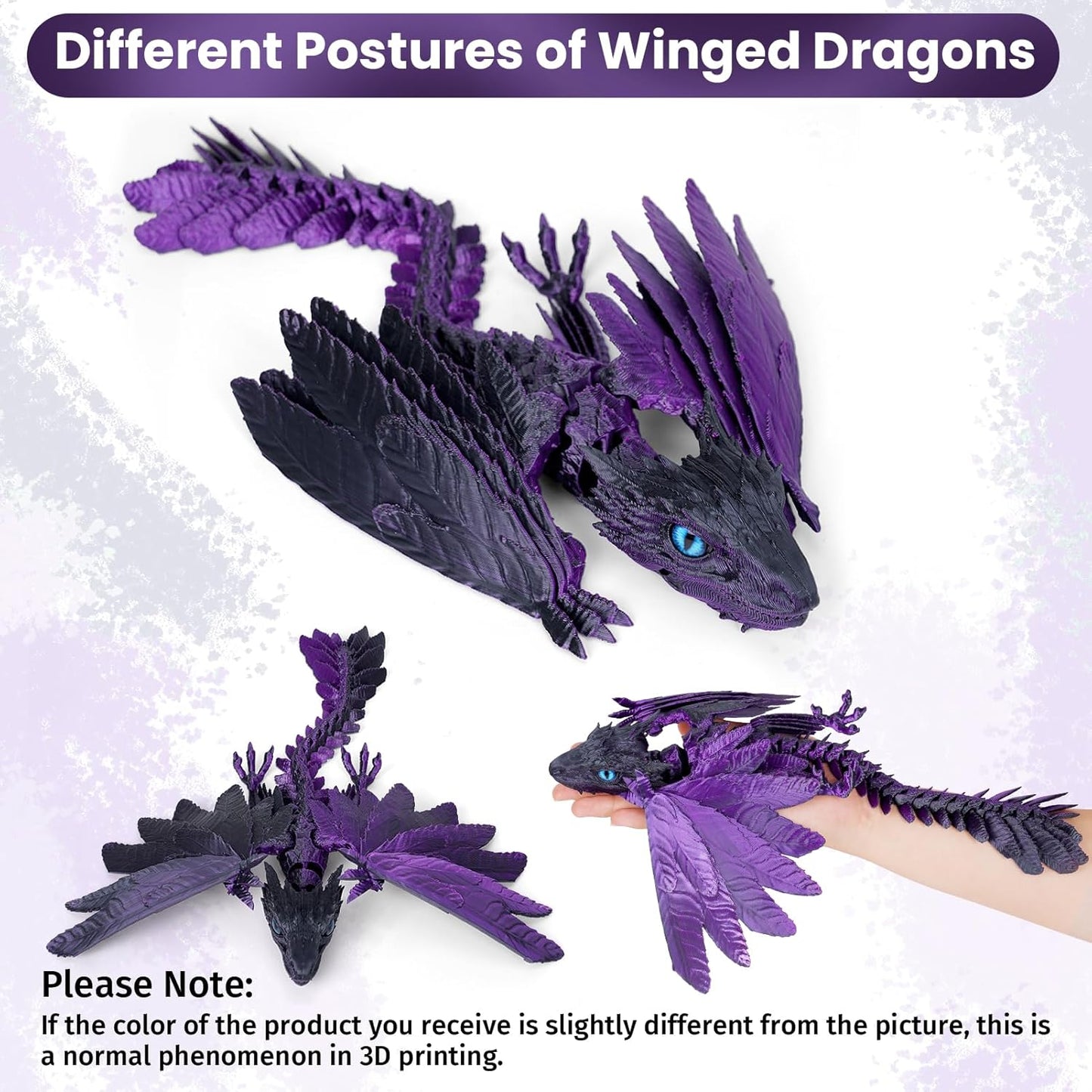 3D Printed Dragon with Wings,3D Printed Animals Toy,3D Printed Flexible Dragons,Crystal Dragon Fidget Toys,Full Articulated Dragon Crystal Dragon (Purple Black)