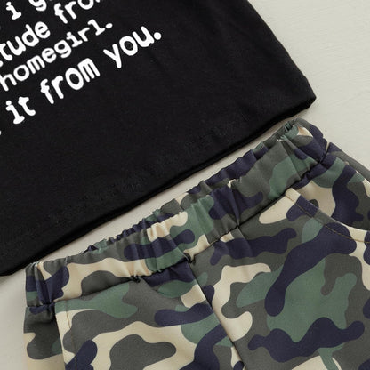 wdehow Toddler Kids Baby Boy Summer Clothes Sets 1T 2T 3T 4T 5T Letter Print Short Sleeve Tops Camouflage Shorts Outfits