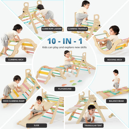 BlueWood 10-in-1 Pikler Triangle Set, Toddler Climbing Toys Indoor, Montessori Climber, Baby Jungle Gyms with Arch, Extra Rope Ladder & Footprint Balance Beam - Rose Garden