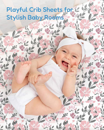 Baby Crib Sheets Boy Girl for Standard Crib Mattress - Flower&Pink Checkered Crib Sheet, Soft