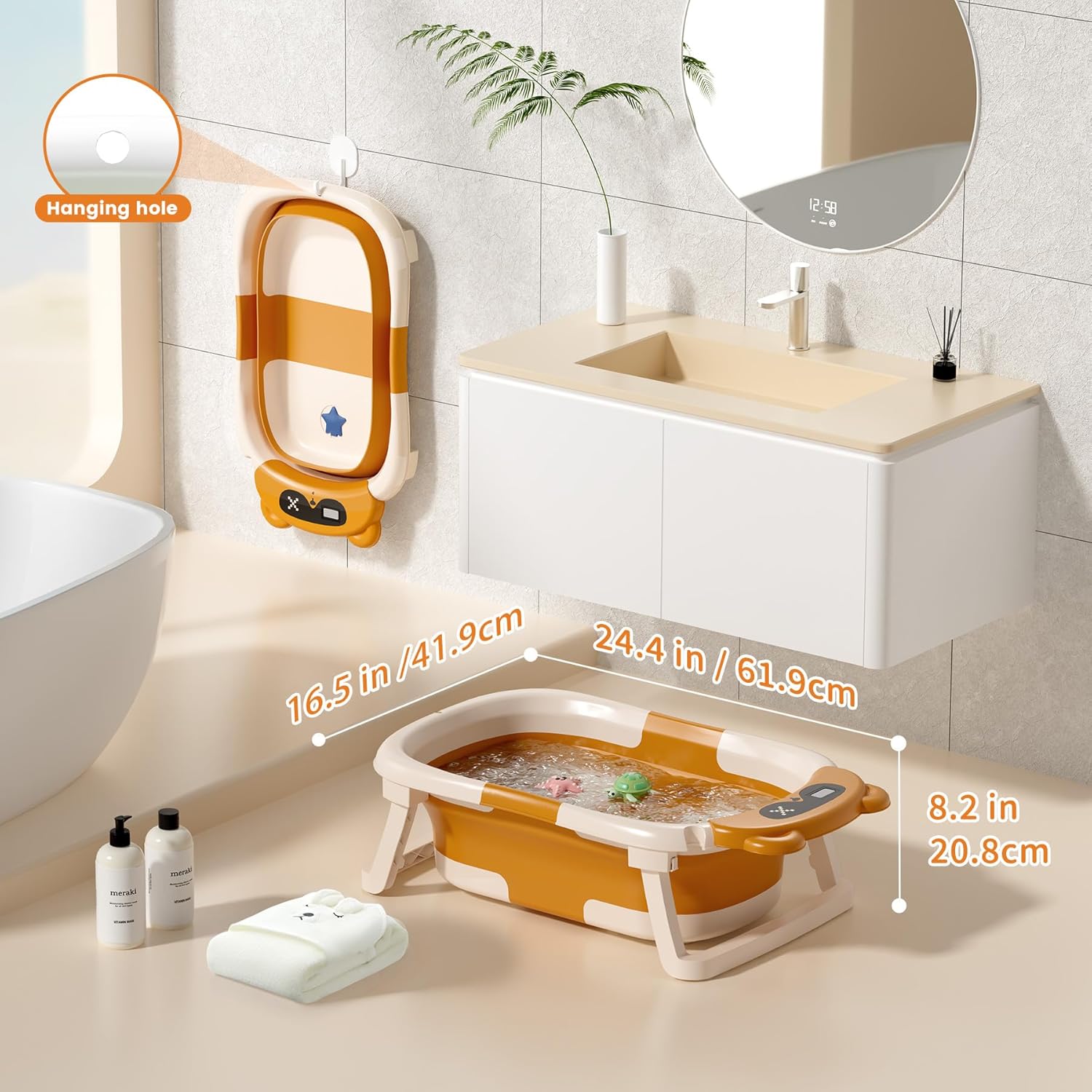 Collapsible Baby Bathtub with Soft Towel and Floating Cushion, Infant Bathtub for Newborn to