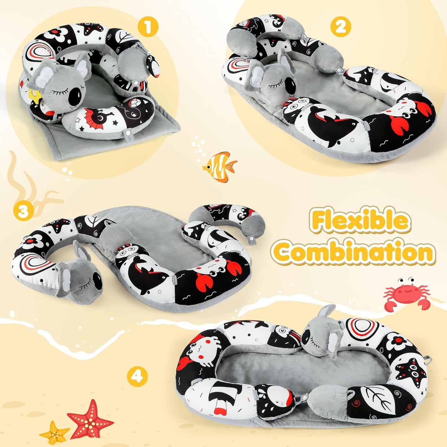 URMYWO Tummy Time Mat - 4 in 1 Cozy Tummy Time & Seated Support Pillow, Tummy Time Pillow for Newborn 0-12 Months, Infant Baby Sit Me Up Floor Seat Early Sensory Development Gifts Tummy Time Play Toys