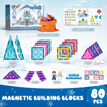 Magnetic Tiles, 80 Pcs Magnet 3D Building Blocks Toy for Ages 3+, Frozen Construction Playboards, Montessori Toys, STEM Toys Christmas Toy Gift for Kids Boys and Girls