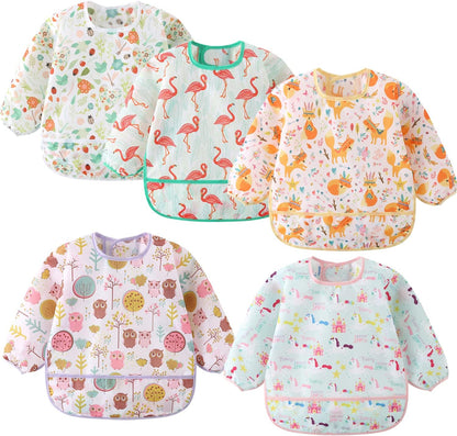 5 Pack Long Sleeve Bib,Baby Toddler Waterproof Sleeved Bib for 6-30 Months Reusable with Catch-all