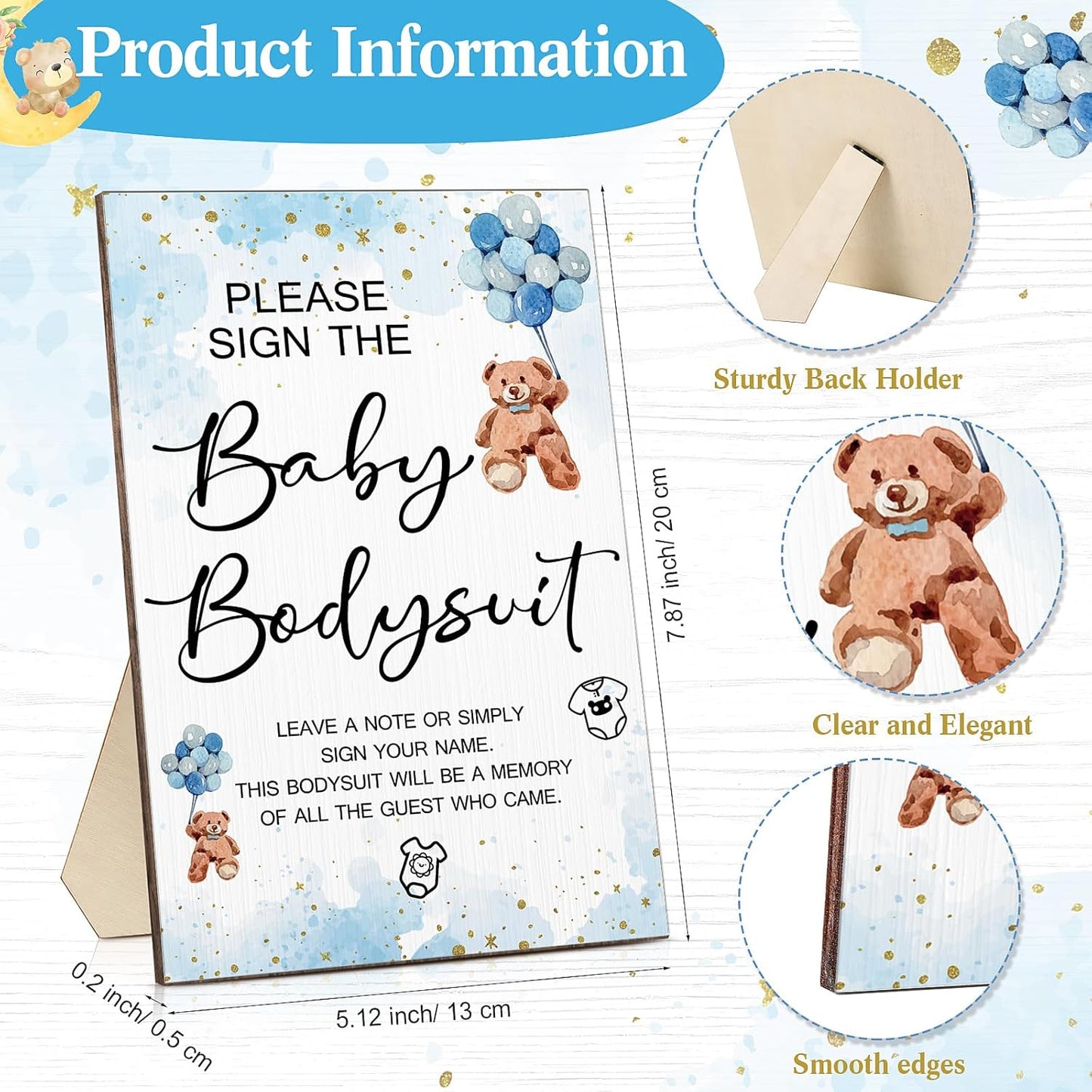 Qunclay 12 Pcs Baby Bodysuit Baby Shower Game Include 1 Game Wooden Sign Tabletop Decor 1 White Blank Newborn Bodysuit 10 Fabric Marker for Gender Reveal Party(Blue Bear)