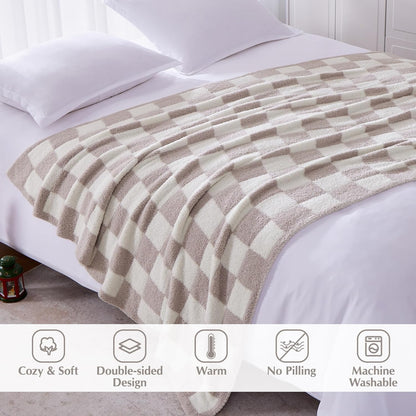 WRENSONGE Checkered Throw Blanket, Taupe Soft Cozy Fluffy Warm Hand Made Throw Blankets for Couch