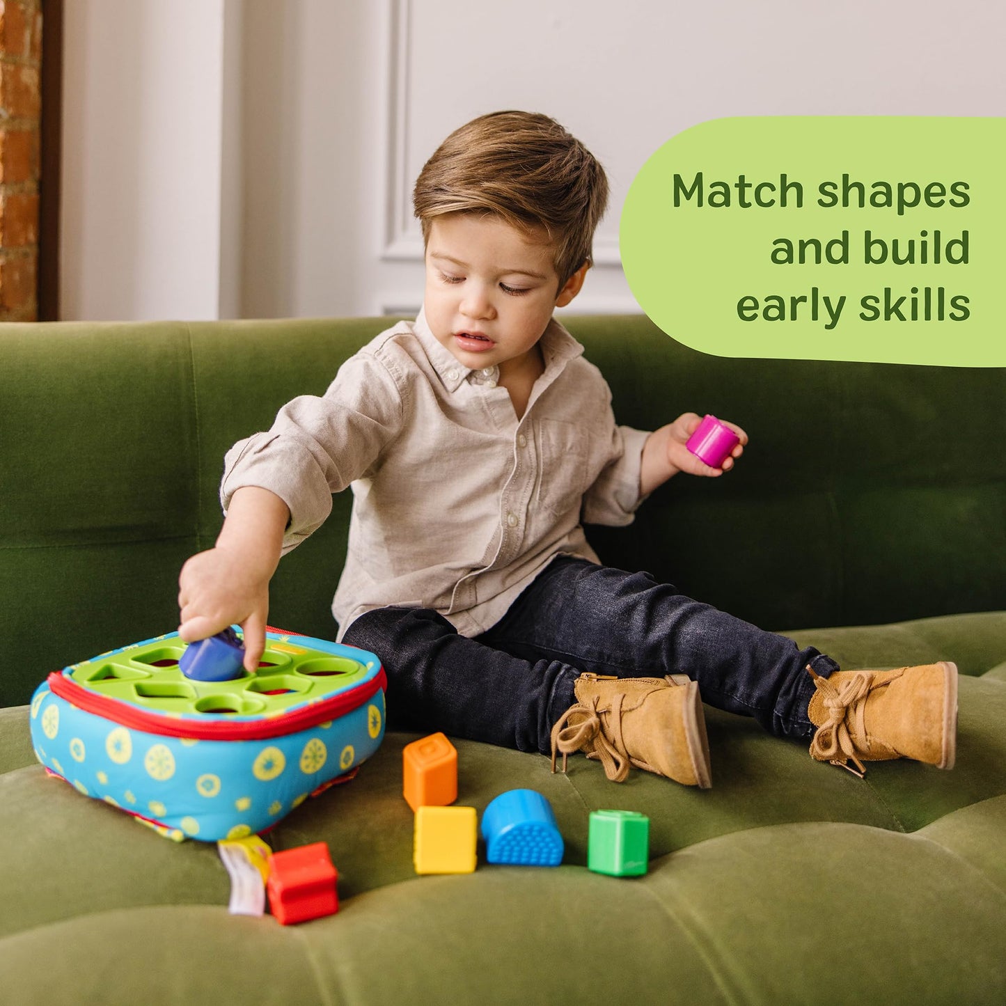 Melissa & Doug K’s Kids Take-Along Shape Sorter, 9 Textured Building Blocks & Soft Sensory Activity