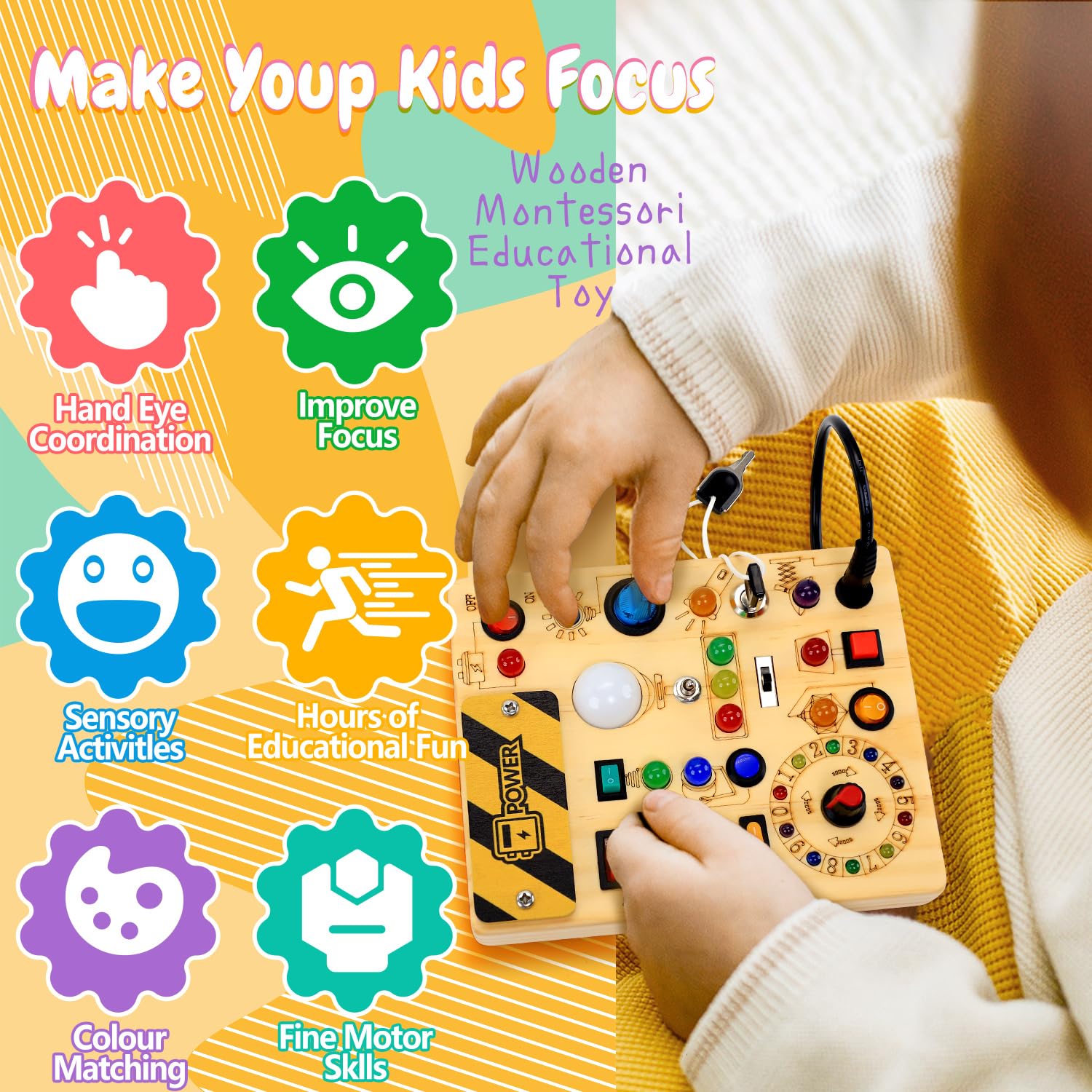 Busy Board with LED Light Switches, Montessori Toys for 1 2 3 Years Old, Toddlers Wooden Toy