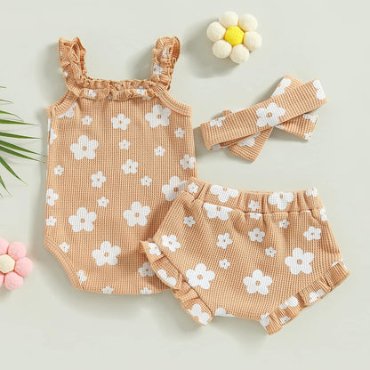 fhutpw Baby Girl Clothes Summer Cute Outfits 3 6 12 18 Months Spaghetti Strap Romper & Floarl Shorts Sets