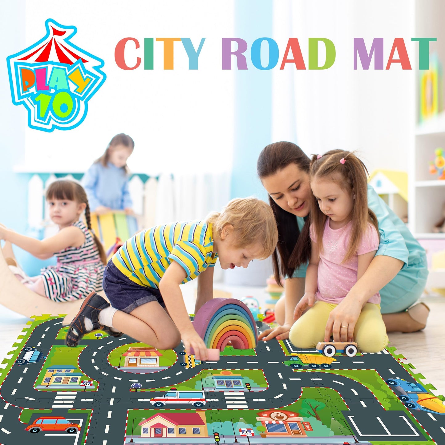 PLAY 10 Foam Play Mat for Baby, Interlocking Foam Tiles, City Road Track Puzzle Mat 12 Pieces