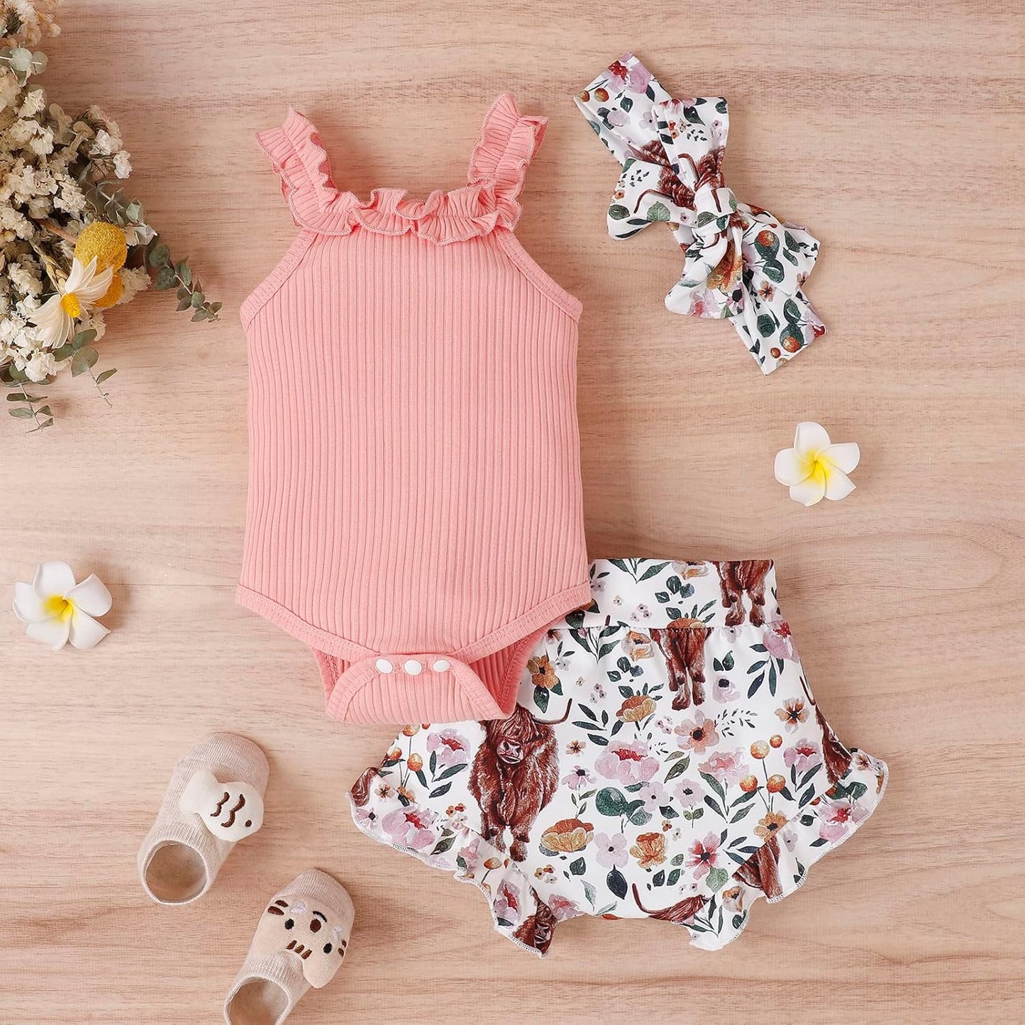 fhutpw Baby Girl Clothes Summer Cute Outfits 3 6 12 18 Months Spaghetti Strap Romper & Floarl Shorts Sets
