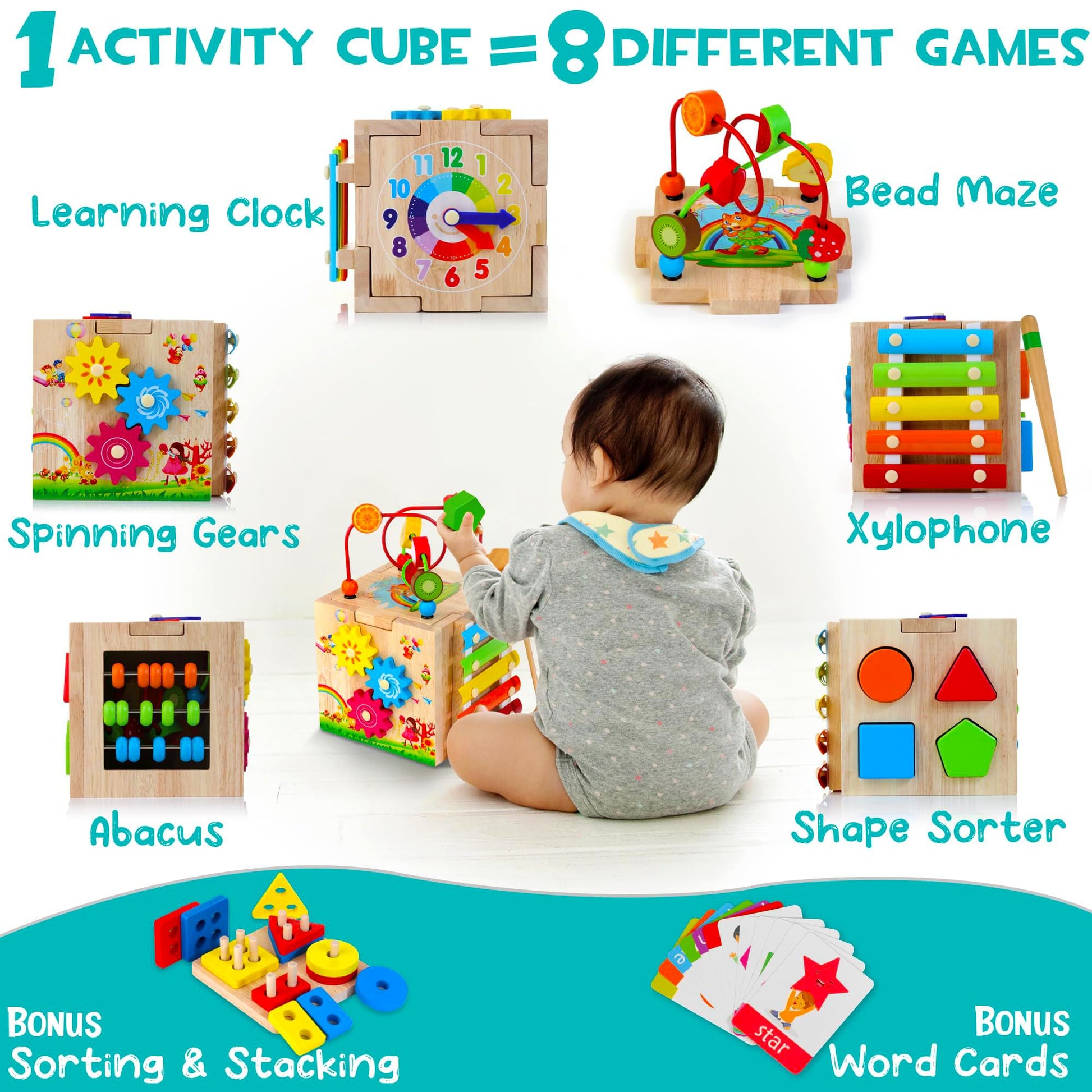 HELLOWOOD Wooden Activity Cube, 8-in-1 Montessori Baby Toys for 1+ Year Old Boys & Girls