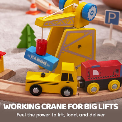 60PCS Wooden Train Set - Toy Magnetic Trains with Wooden Track Set for Kids Ages 3-8, Construction