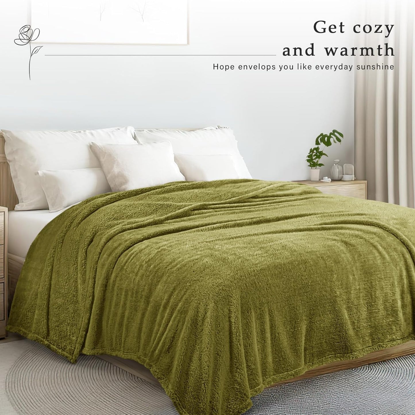 Exclusivo Mezcla Queen Size Flannel Fleece Blanket, Super Soft Velvet Plush Bed Blanket, Fuzzy Cozy and Warm for All Seasons, 90x90 Inches, Olive Green