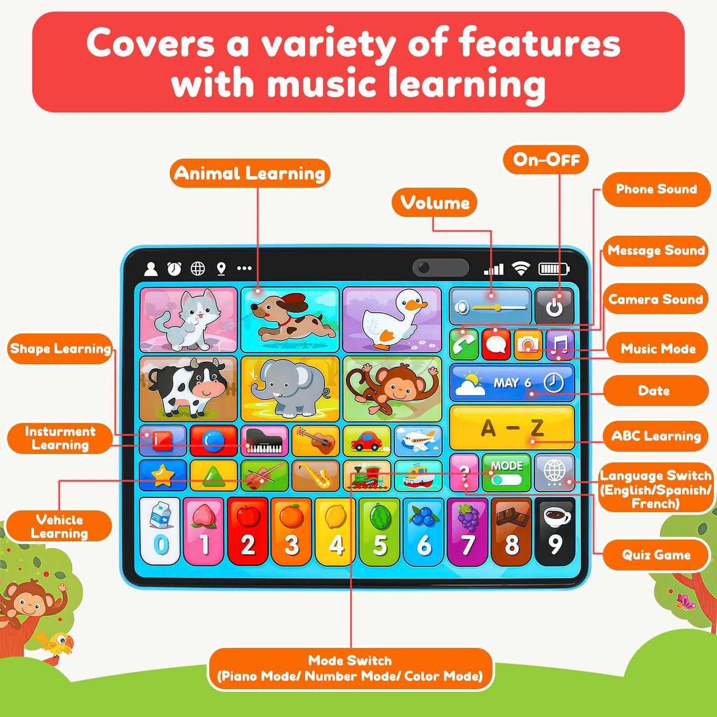 Peacurh Trilingual Learning Toy Tablet with Music & Sound, Montessori Speech Musical Therapy Toys