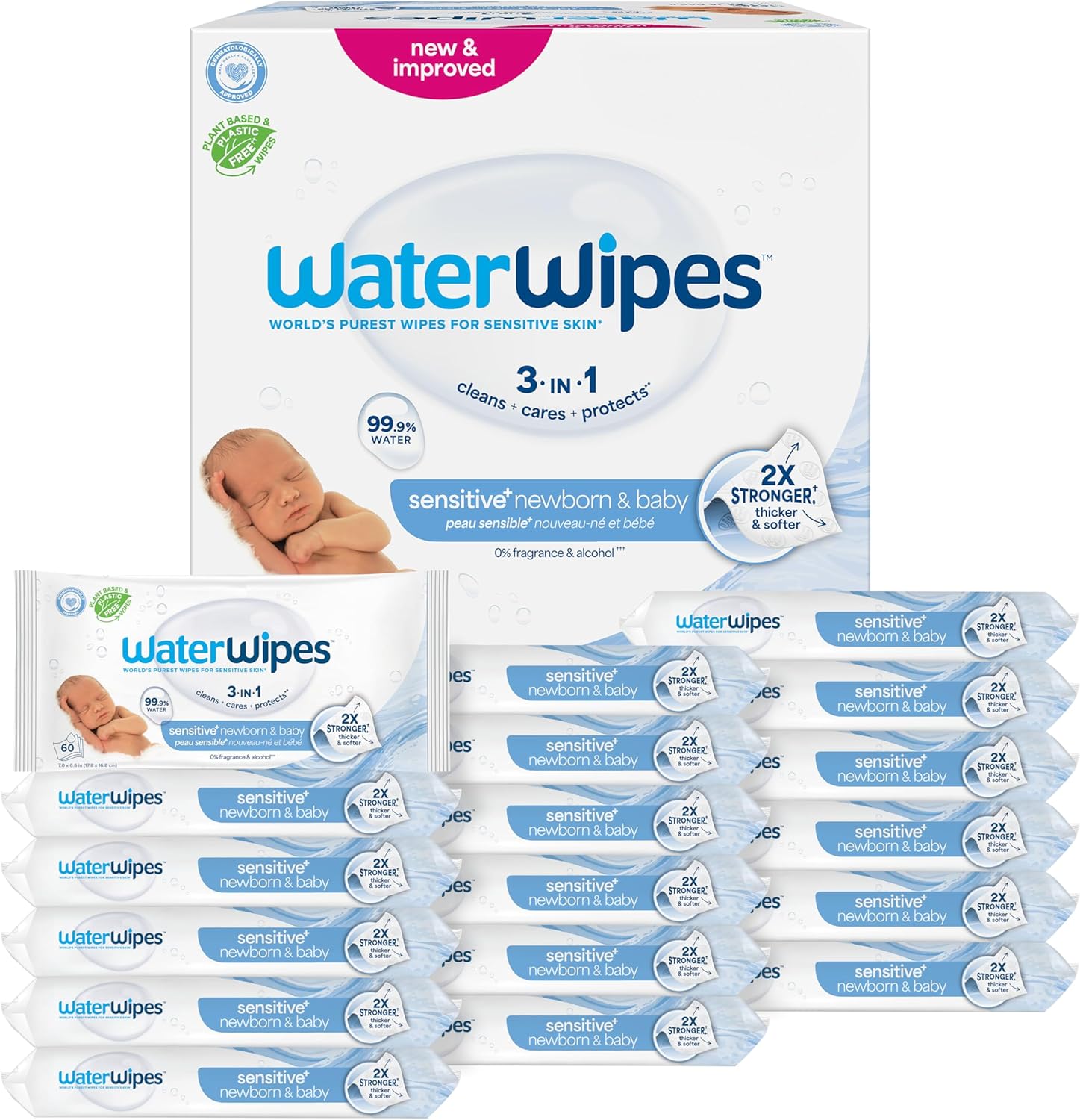 WaterWipes Sensitive+ Newborn & Baby Wipes, 3-In-1 Cleans, Cares, Protects, 99.9% Water, Unscented