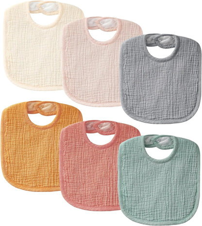 6-Pack Muslin Baby Bibs for Unisex Boys Girls, Cotton Baby Drool Bibs, Drooling and Teething Bibs for Infant