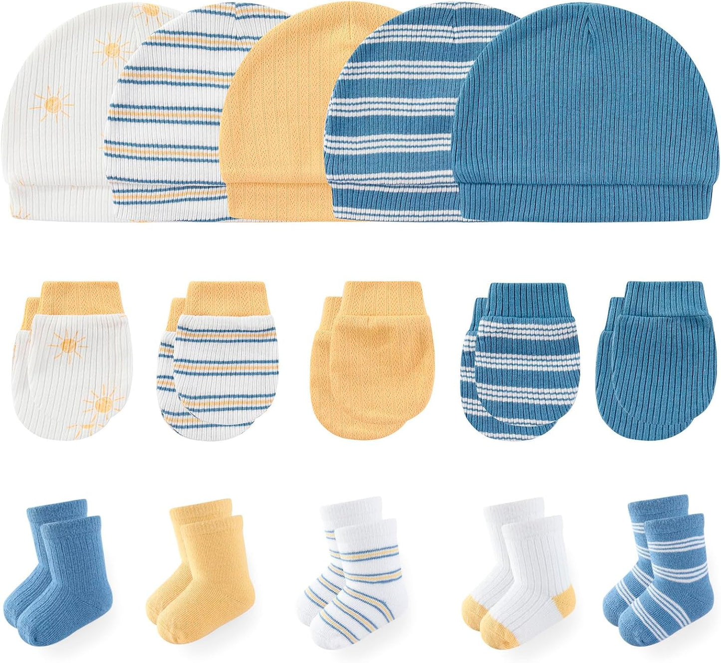 Newborn Baby Boy Girl Caps Mittens Socks Set Cotton Baby Essentials Accessories (Hats+Gloves+Socks)