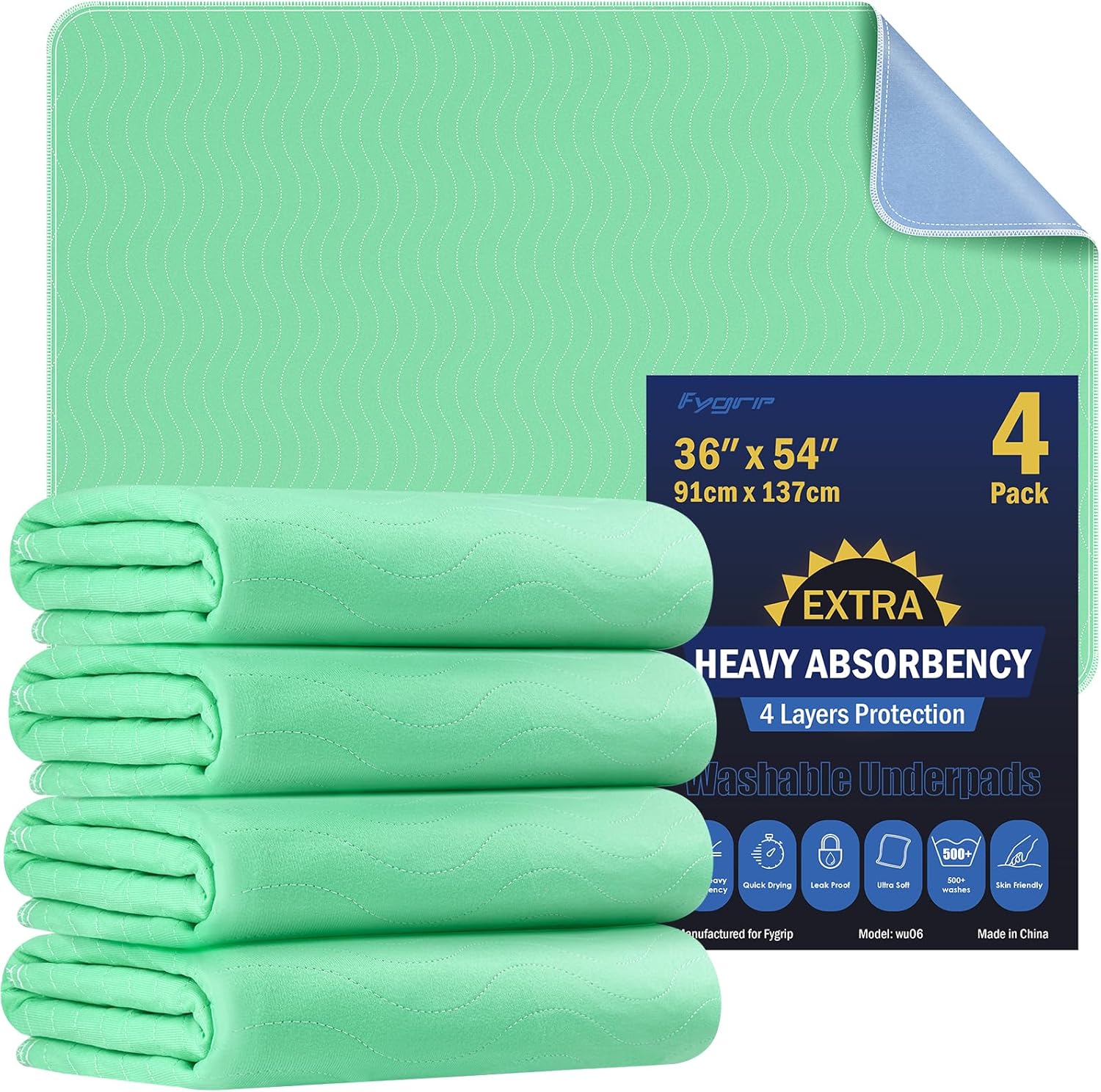 4 Pack 36” x 54” Extra Heavy Absorbency Washable Underpads, Waterproof Nursing Pads Incontinence