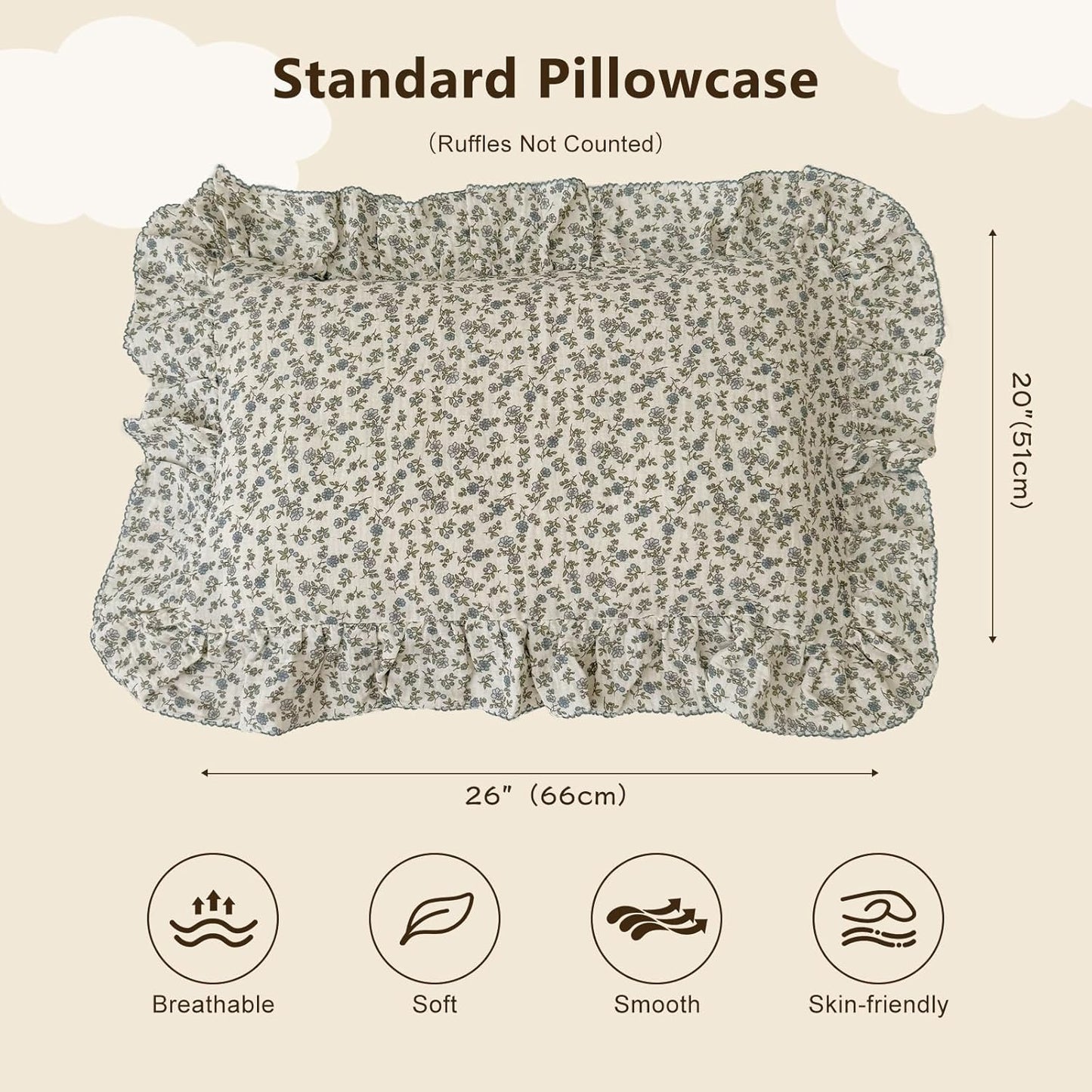 BuLuTu Soft Cotton Kids Pillowcases Standard Size, Blue Floral Toddler Pillowcases for Girls Boys, Cotton Muslin Pillow Protector for Children Bedding Gift, Envelope Closure,20"x26",1 PC