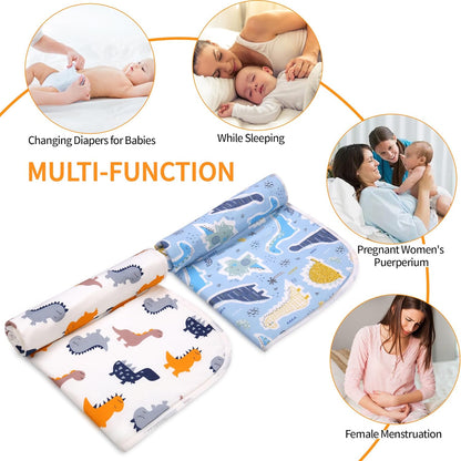 2Pcs Diaper Changing Pads for Baby, Dinosaur Change Mat, 3Layers Waterproof Change Pad Foldable Absorbent Mats for Women, Reusable Incontinence Underpads for Patient 24''x30'' (Colorful Dinosaur)