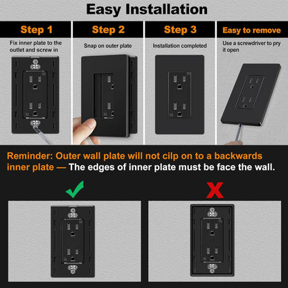 CML Black Decorator Screwless Wall Plate, 8 Pack Receptacle Outlet Cover, 1-Gang Hidden Screw Smooth Face Switch Plates, Standard Size 2.91”x4.68”, UL Listed