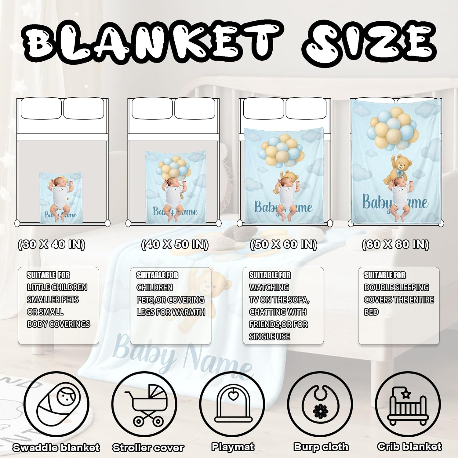Ship Next Day, Personalized Baby Blanket – Printed in USA, Custom Baby Blanket for Boys & Girls