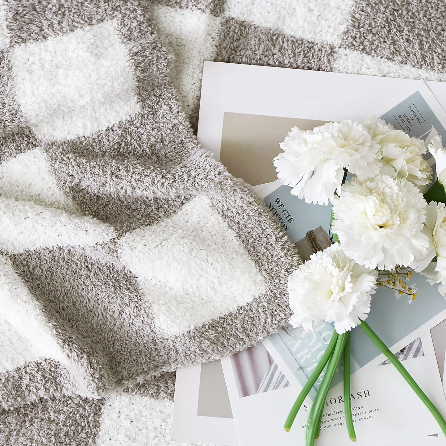 WRENSONGE Checkered Throw Blanket, Light Grey Soft Cozy Fluffy Warm Hand Made Throw Blankets for