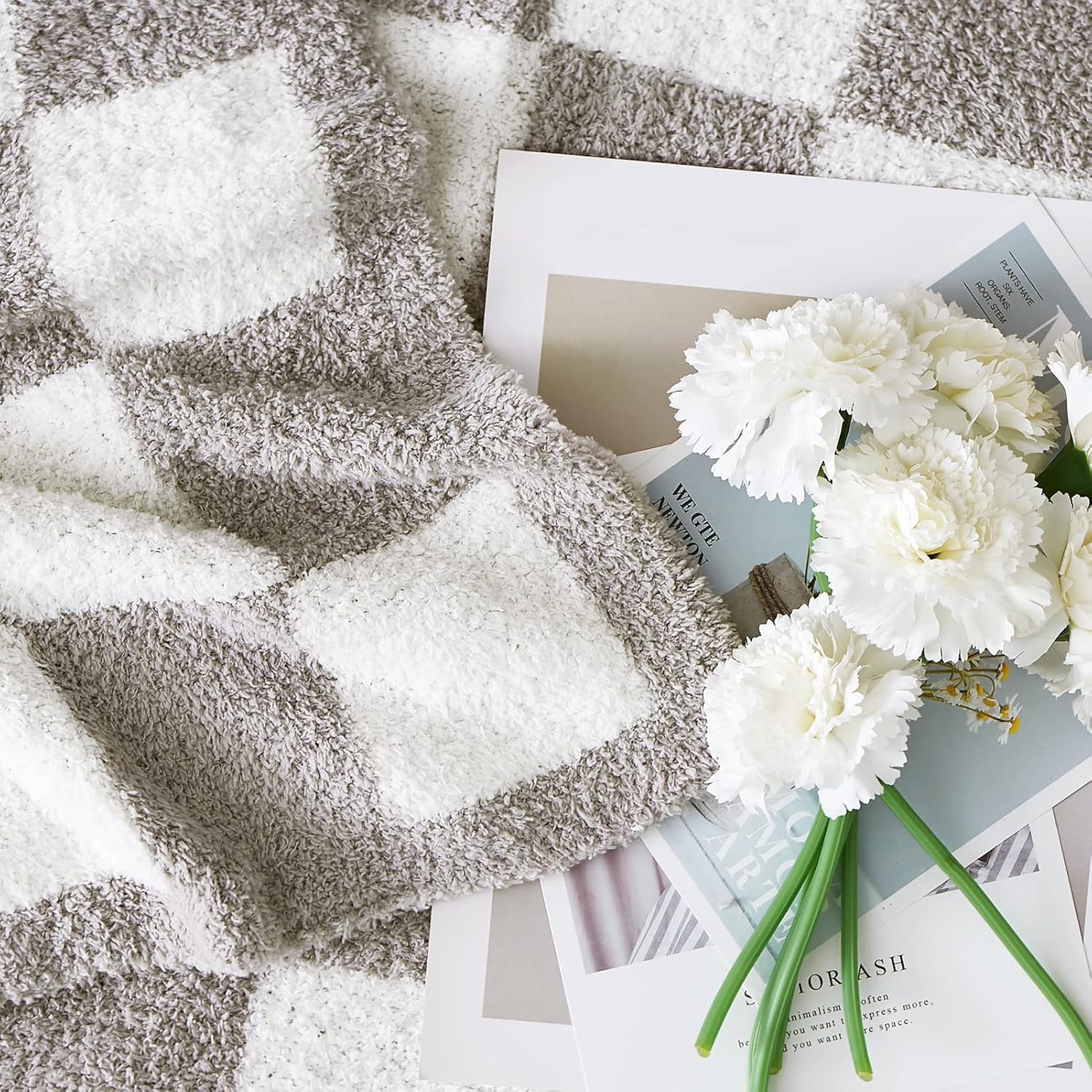 WRENSONGE Checkered Throw Blanket, Light Grey Soft Cozy Fluffy Warm Hand Made Throw Blankets for