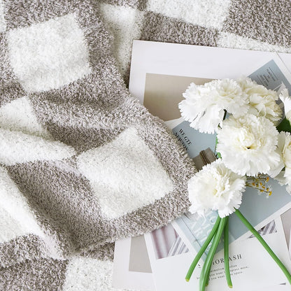 WRENSONGE Checkered Throw Blanket, Light Grey Soft Cozy Fluffy Warm Hand Made Throw Blankets for