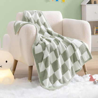 WRENSONGE Checkered Throw Blanket, Sage GreenSoft Cozy Fluffy Warm Hand Made Throw Blankets for