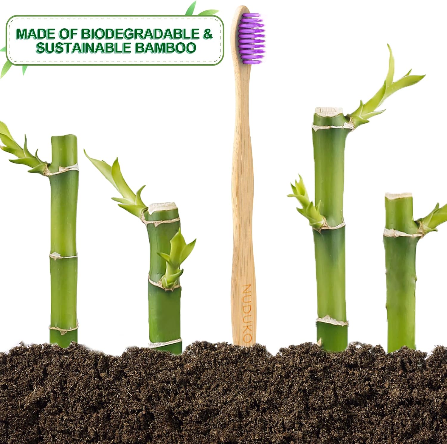Biodegradable Bamboo Toothbrushes, 10 Piece BPA Free Soft Bristles Toothbrushes, Natural