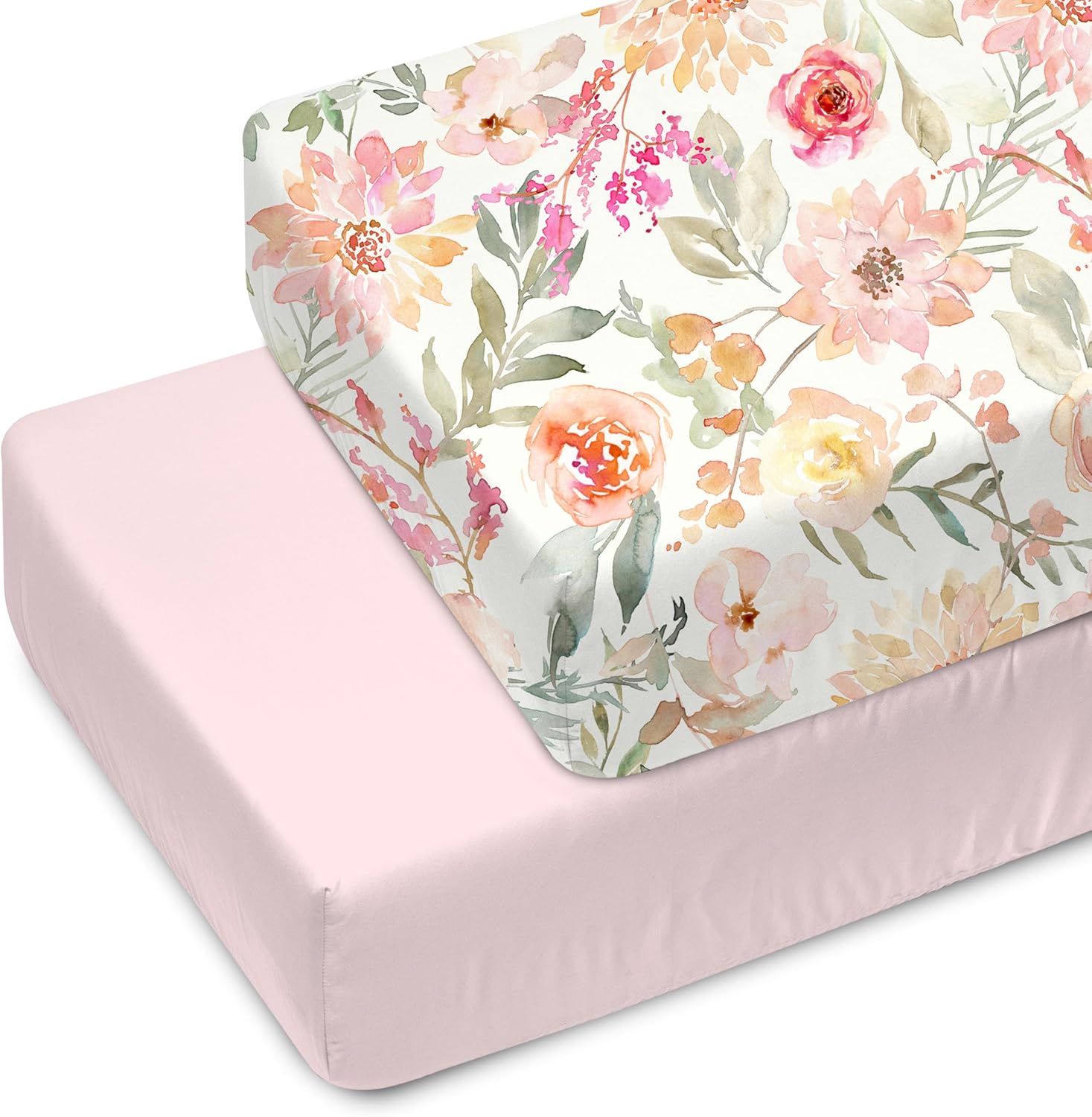 Baby Girls Crib Sheets | 2 Pack Floral & Solid Pink Ultra-Soft Bedding for Crib Mattress and