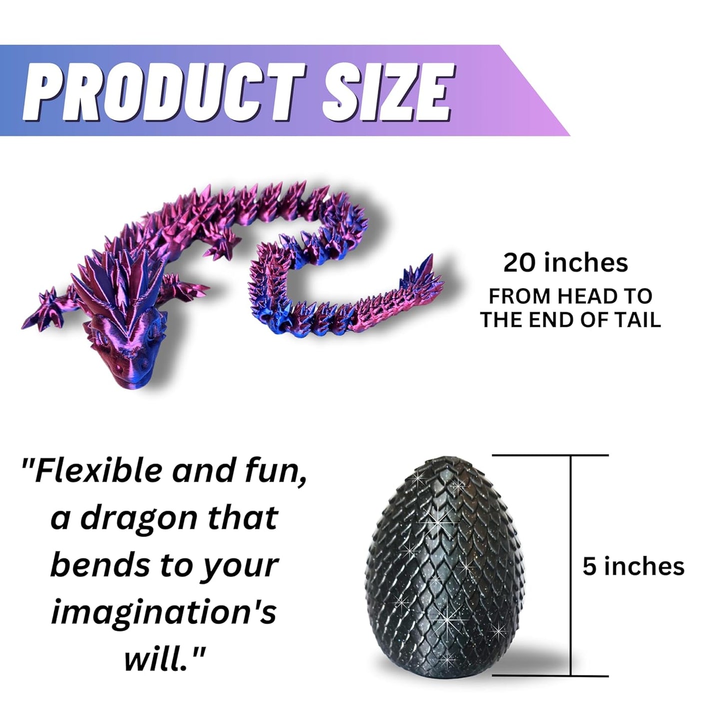 Large 20" Color-Changing Dragon (Improved Design) with Mystic Sparkle Egg, Made in USA - Articulated 3D Printed, 3D Dragon Egg (BLUE/PURPLE/RED & BLACK EGG)…