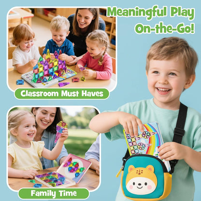 Magnetic Tiles Travel Toys for Kids 4-8, 42PCS Candy Color STEM Building Blocks with Visual Storage Guide & Metal Case, Airplane Activities & Toddler Travel Essentials Ages 3-5