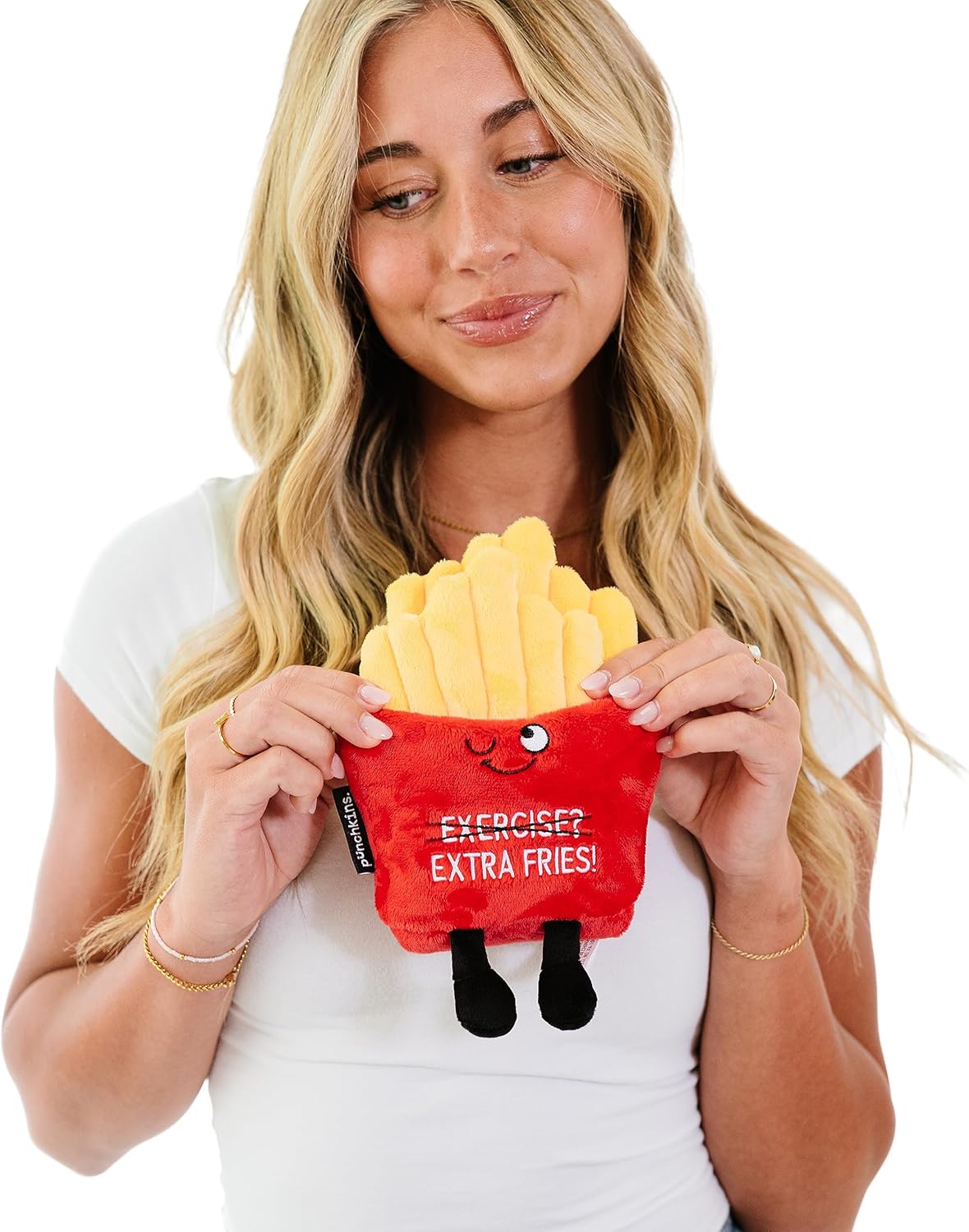 Exercise? Extra Fries! French Fry Plushie - Funny Pun Meme Gag Gift, White Elephant, Stocking Stuffer Present, Great for Emotional Support, Fun Desk Accessory, Weighted Base for Display